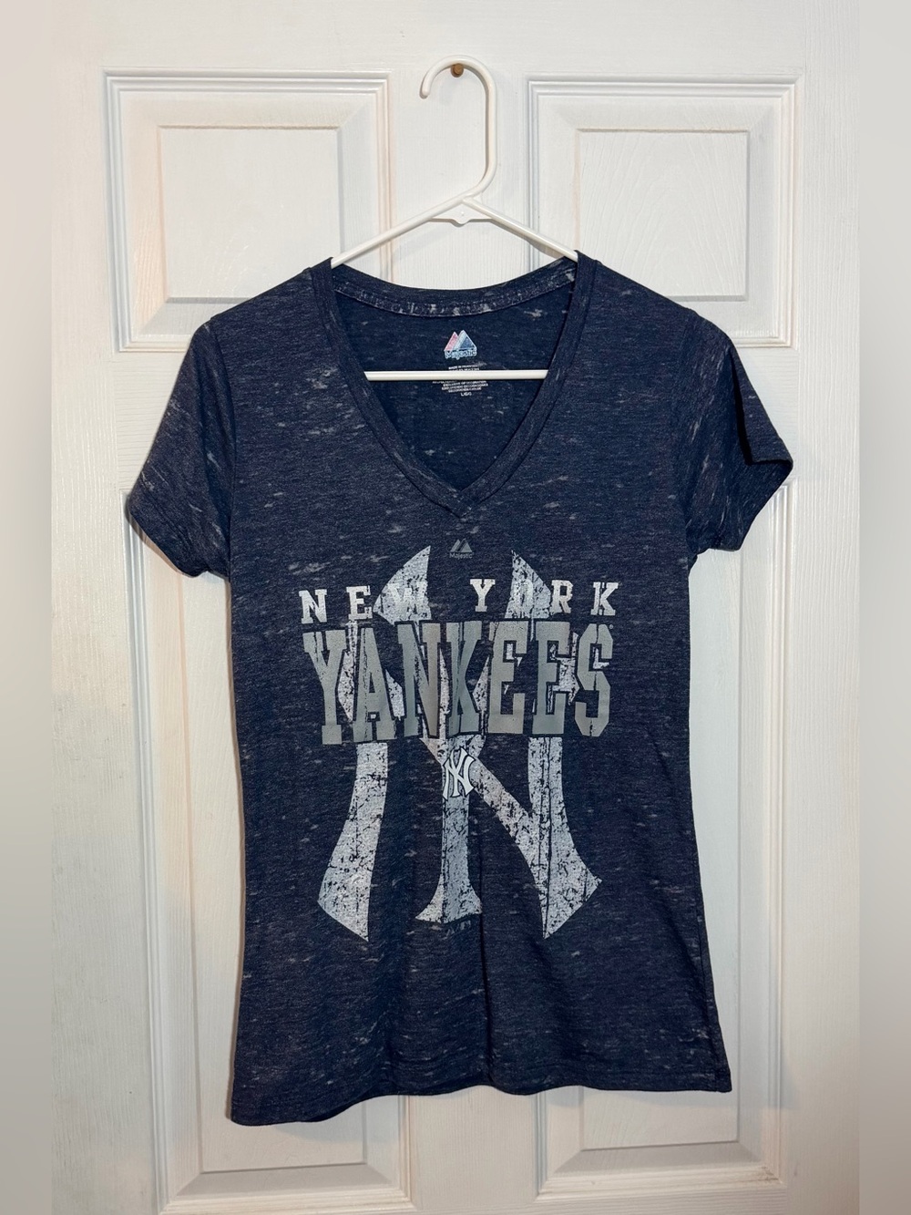 Majestic Navy Blue Distressed Logo V-Neck Tee